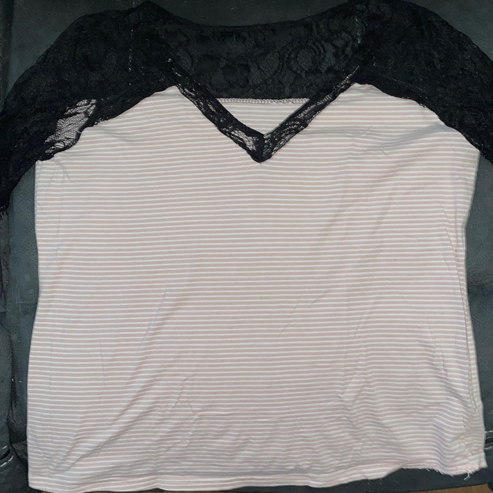 Pink & White Striped Lace Sleeve Tee
